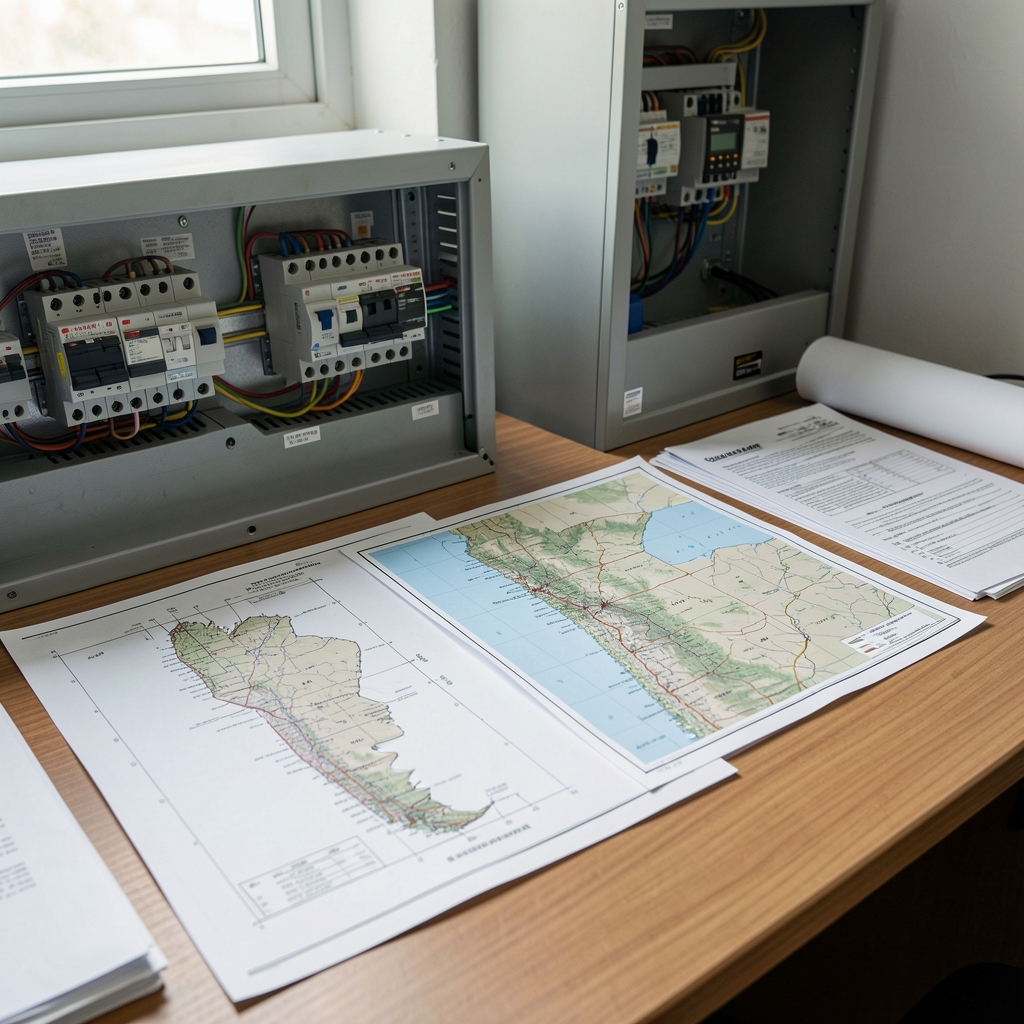 Mesa de archivo con planos de infraestructura eléctrica, mapas de Argentina y documentos sin personas
