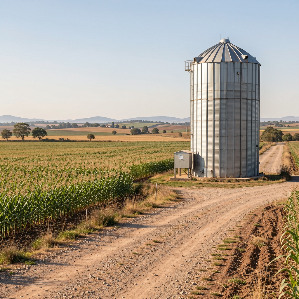 Corredor de transmisión junto a tierras agrícolas y un silo en una provincia argentina sin personas