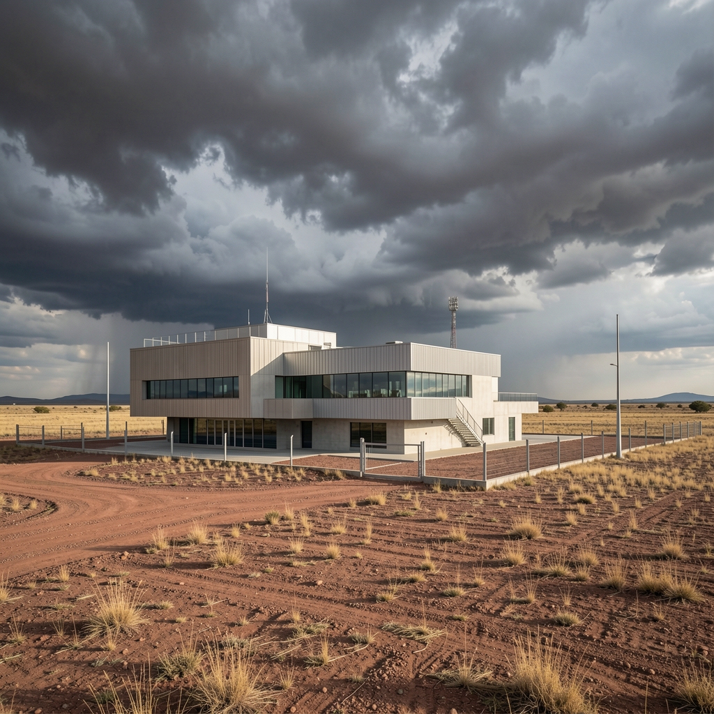 Estación transformadora contemporánea en una llanura argentina con cielo de tormenta y sin personas
