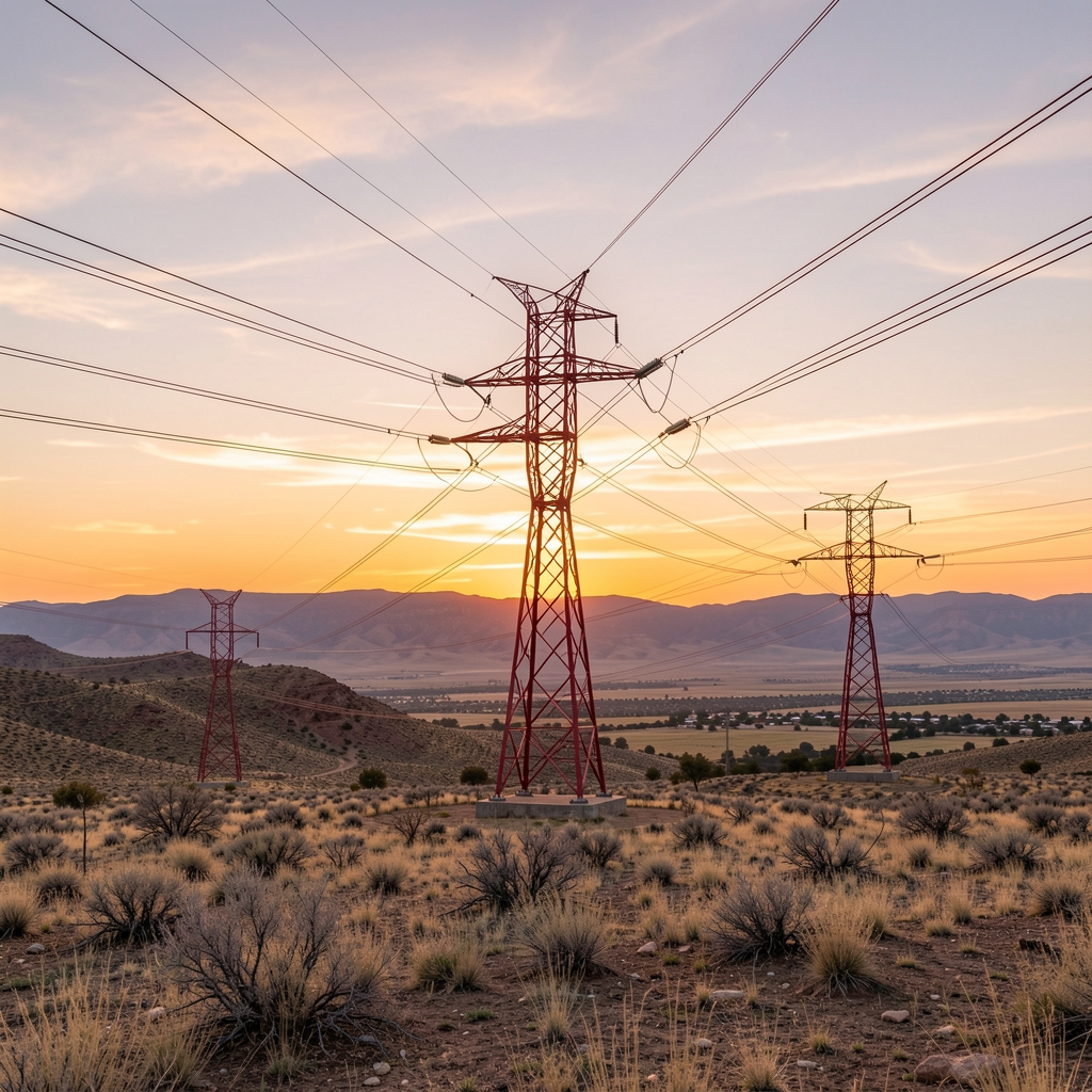 Red eléctrica de alta tensión al amanecer sobre un paisaje argentino sin personas