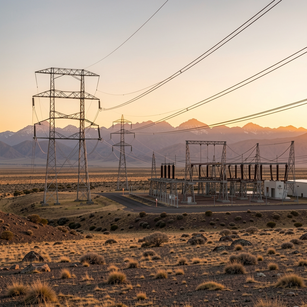 Torres de alta tensión y subestación eléctrica en un paisaje abierto de la Patagonia argentina al atardecer sin personas