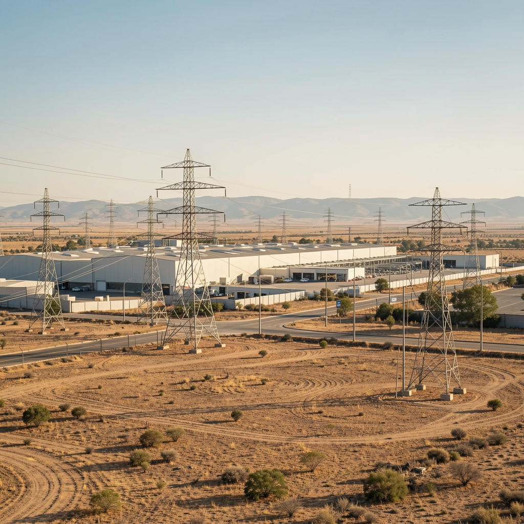 Parque industrial argentino conectado a una red eléctrica con torres y paisaje seco al fondo sin personas