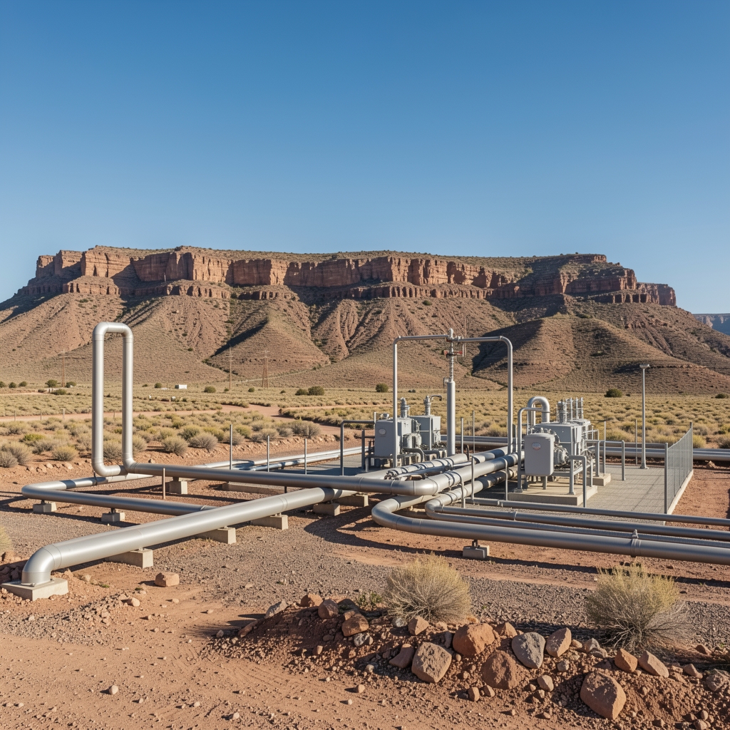 Tuberías y estación energética en el paisaje de Neuquén con meseta rocosa y cielo amplio sin personas