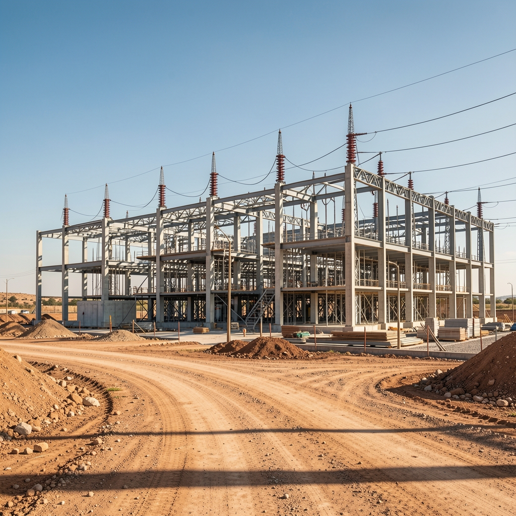 Planos técnicos y una estación transformadora en construcción en una provincia argentina sin personas