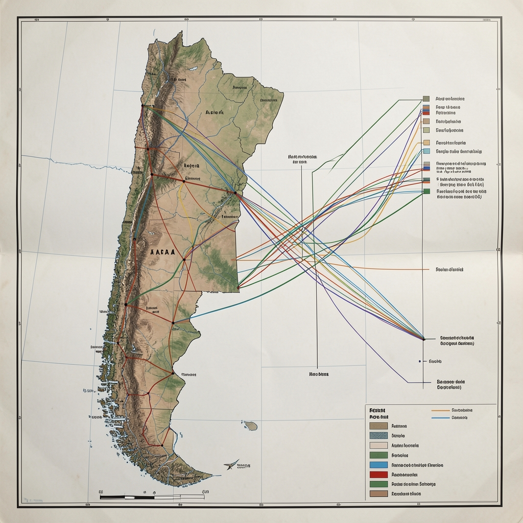 Mapa físico de Argentina junto a un esquema de líneas de transmisión y notas de investigación sin personas