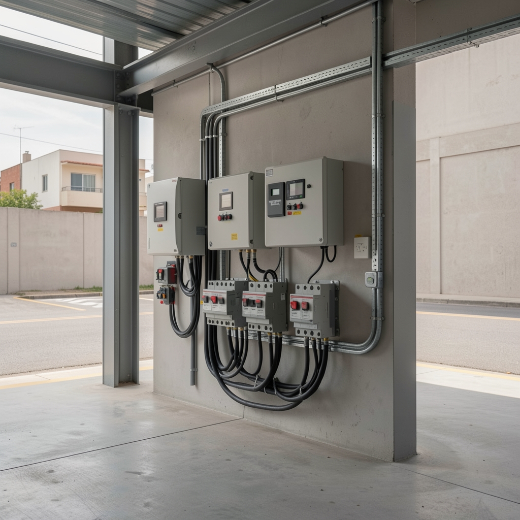 Patio de maniobras eléctrico con interruptores y transformadores modernos en Argentina sin personas