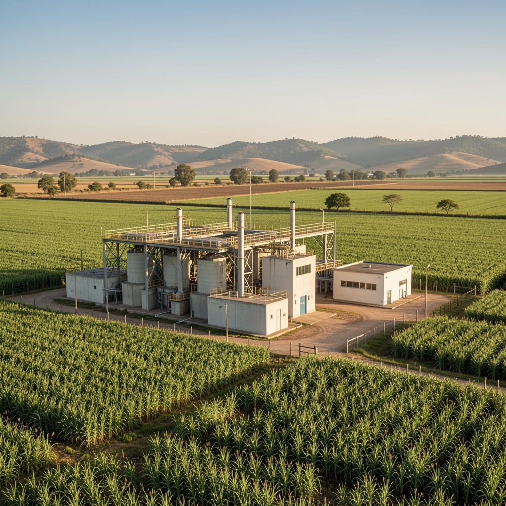 Estación transformadora junto a campos agrícolas de la región Centro argentina sin personas