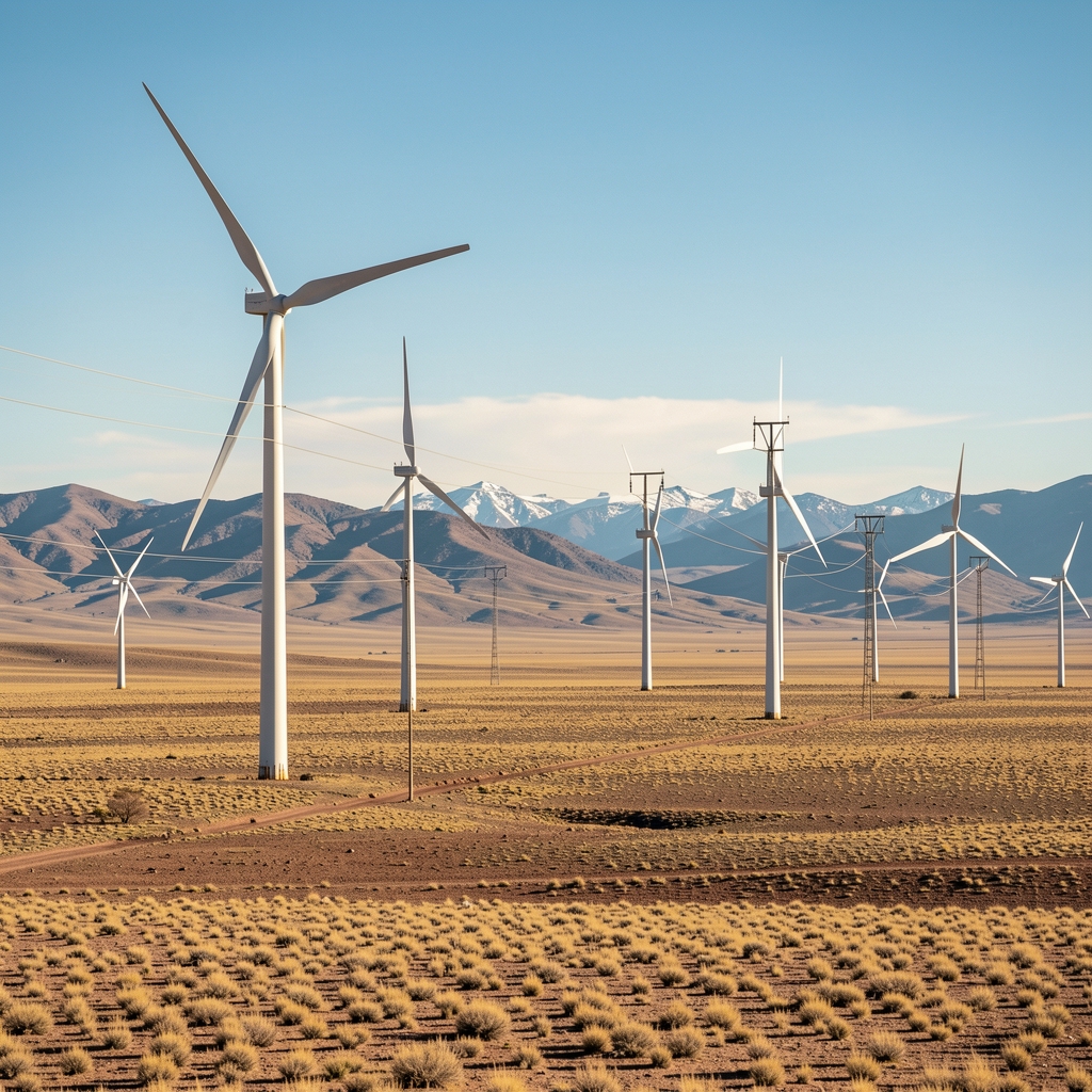 Parque eólico y líneas eléctricas sobre una estepa patagónica argentina sin personas