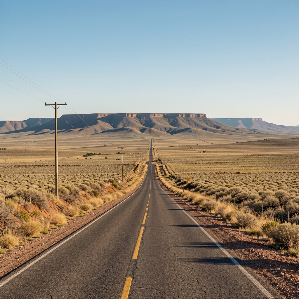 Paisaje amplio de una provincia argentina con ruta, tendido eléctrico y meseta al fondo sin personas