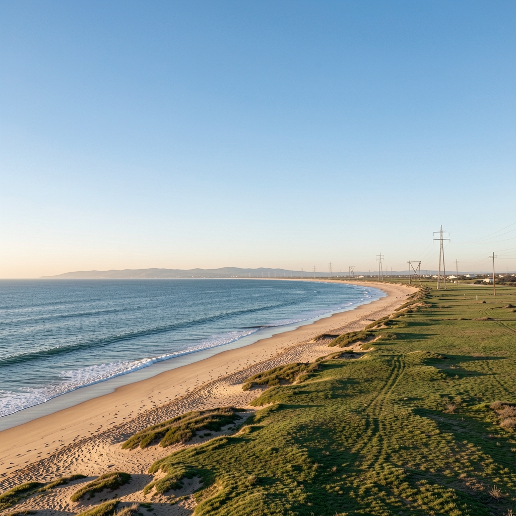Paisaje amplio del Litoral argentino con infraestructura eléctrica distante y cielo despejado sin personas