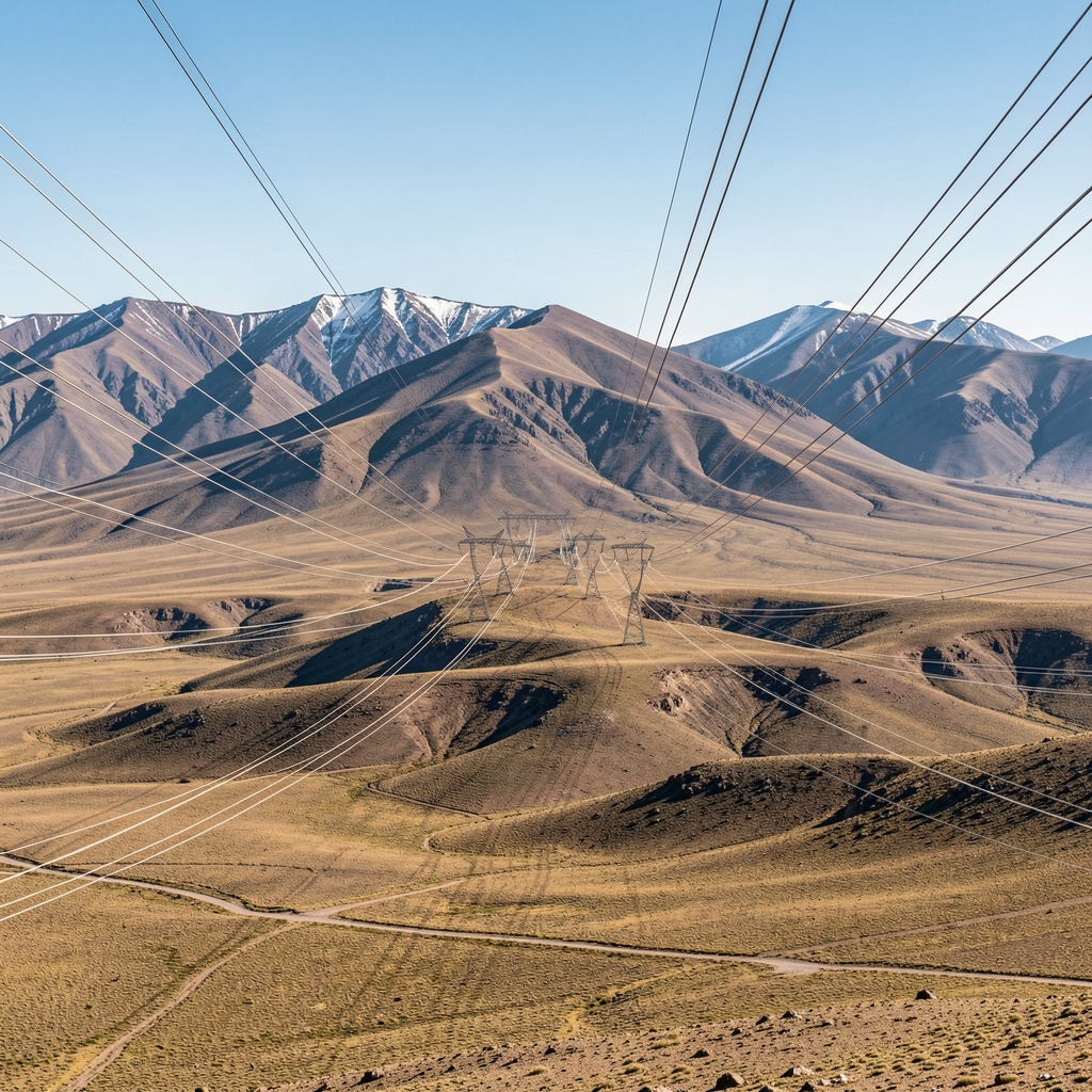 Líneas de transmisión eléctrica cruzando una meseta patagónica argentina sin personas