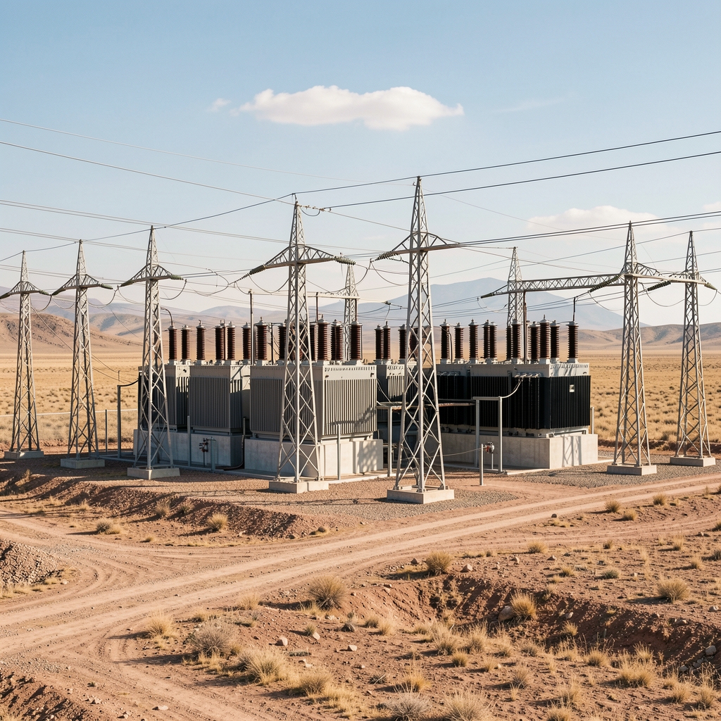 Subestación eléctrica moderna con transformadores y líneas de transmisión en una llanura argentina sin personas