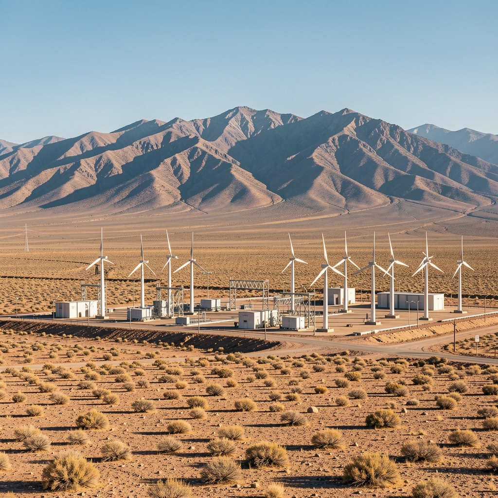 Paisaje árido de Vaca Muerta con instalaciones energéticas y cordillera neuquina al fondo sin personas